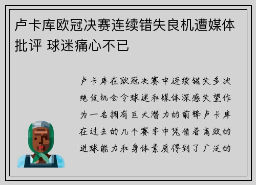 卢卡库欧冠决赛连续错失良机遭媒体批评 球迷痛心不已